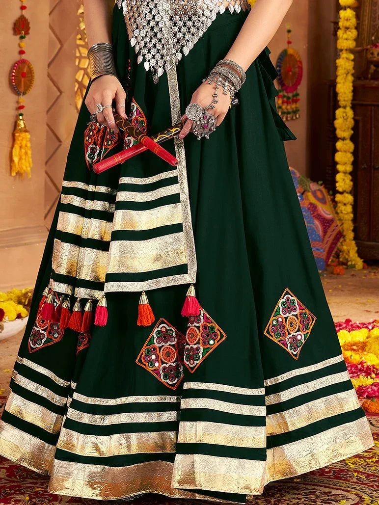 Fabulous Bottle Green Patch Work Rayon Navratri Wear Lehenga With Blouse - Zeel Clothing