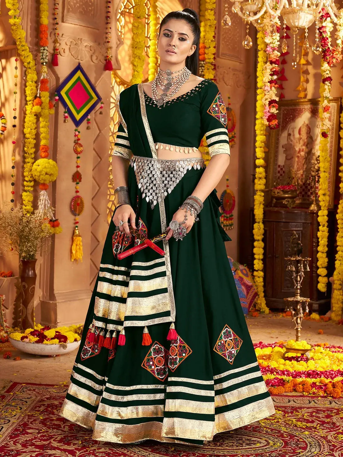 Fabulous Bottle Green Patch Work Rayon Navratri Wear Lehenga With Blouse - Zeel Clothing