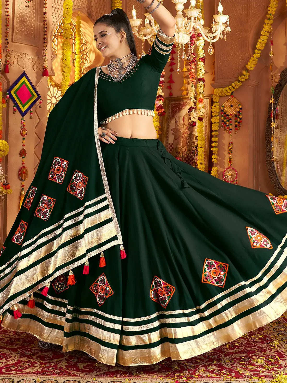 Fabulous Bottle Green Patch Work Rayon Navratri Wear Lehenga With Blouse - Zeel Clothing