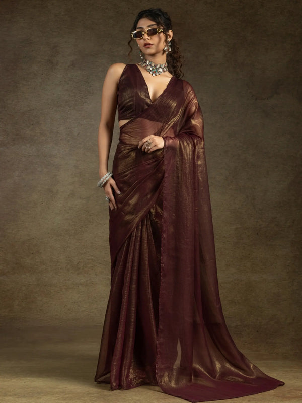 Fabulous Brown Chiffon Festive Wear Pre-Stitched Saree With Blouse - Zeel Clothing
