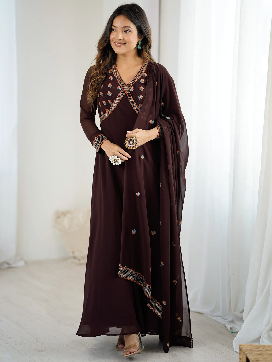 Fabulous Brown Embroidered Georgette Designer Gown With Dupatta