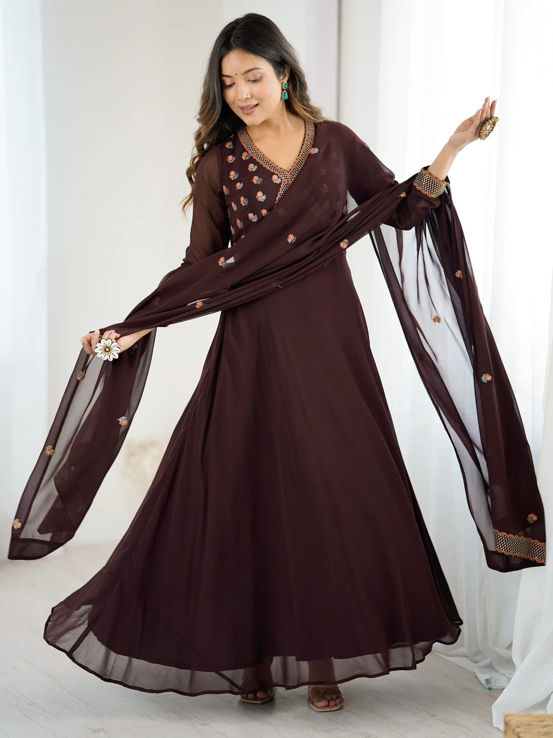 Fabulous Brown Embroidered Georgette Designer Gown With Dupatta