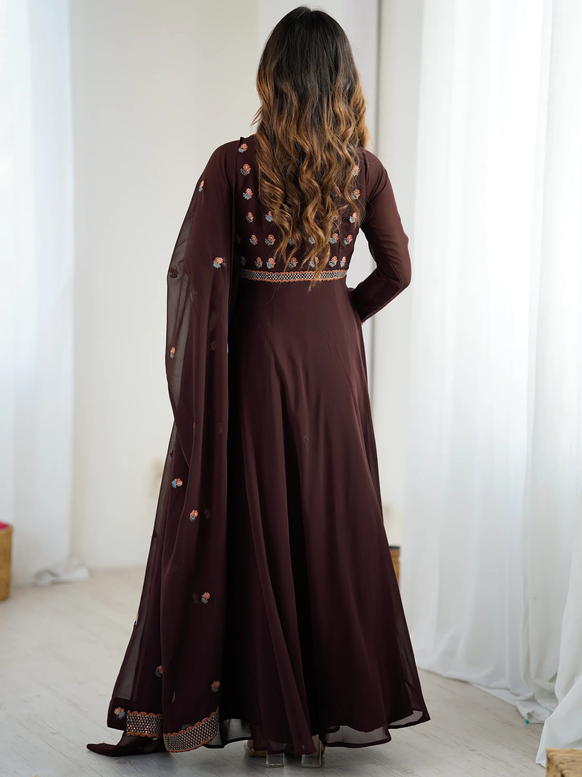Fabulous Brown Embroidered Georgette Designer Gown With Dupatta