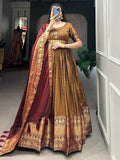 Fabulous Brown Zari Woven Cotton Function Wear Gown With Dupatta - Zeel Clothing