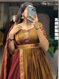 Fabulous Brown Zari Woven Cotton Function Wear Gown With Dupatta - Zeel Clothing