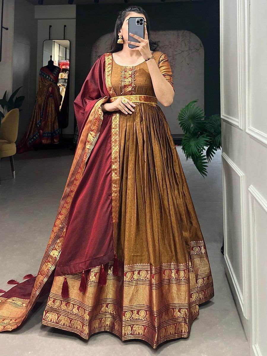 Fabulous Brown Zari Woven Cotton Function Wear Gown With Dupatta - Zeel Clothing