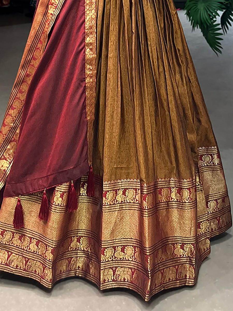 Fabulous Brown Zari Woven Cotton Function Wear Gown With Dupatta - Zeel Clothing