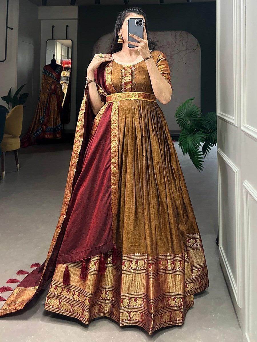 Fabulous Brown Zari Woven Cotton Function Wear Gown With Dupatta - Zeel Clothing