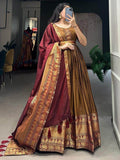 Fabulous Brown Zari Woven Cotton Function Wear Gown With Dupatta - Zeel Clothing