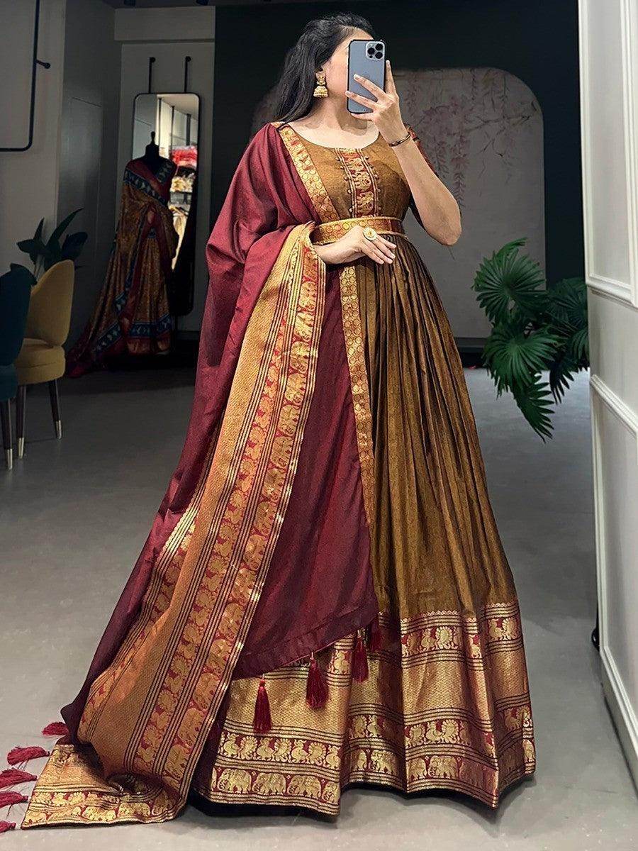 Fabulous Brown Zari Woven Cotton Function Wear Gown With Dupatta - Zeel Clothing