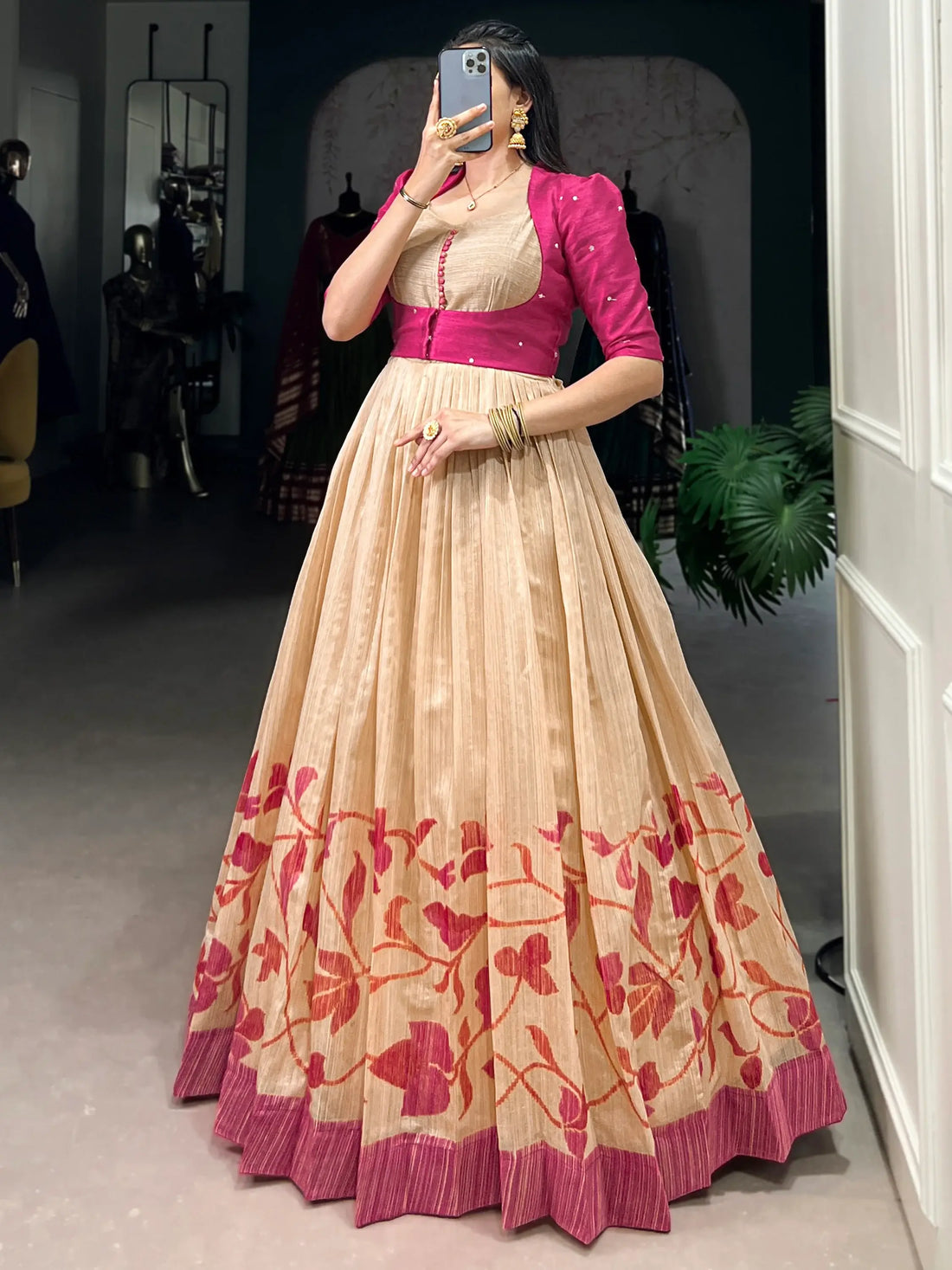 Fabulous Cream & Pink Printed Silk Event Wear Gown With Jacket - Zeel Clothing