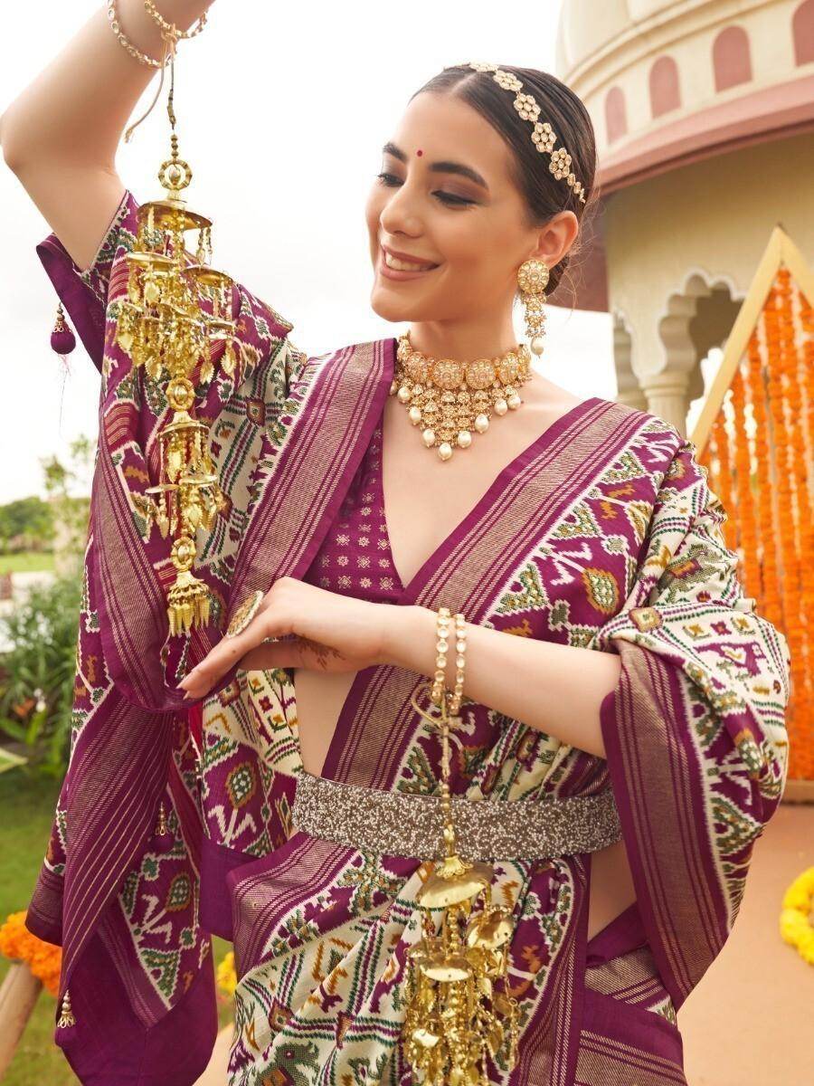 Fabulous Cream & Purple Patola Printed Silk Wedding Wear Saree - Zeel Clothing