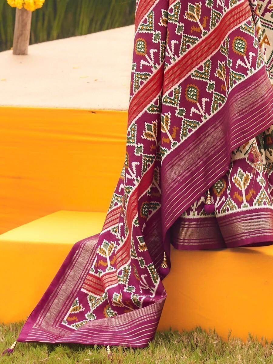 Fabulous Cream & Purple Patola Printed Silk Wedding Wear Saree - Zeel Clothing