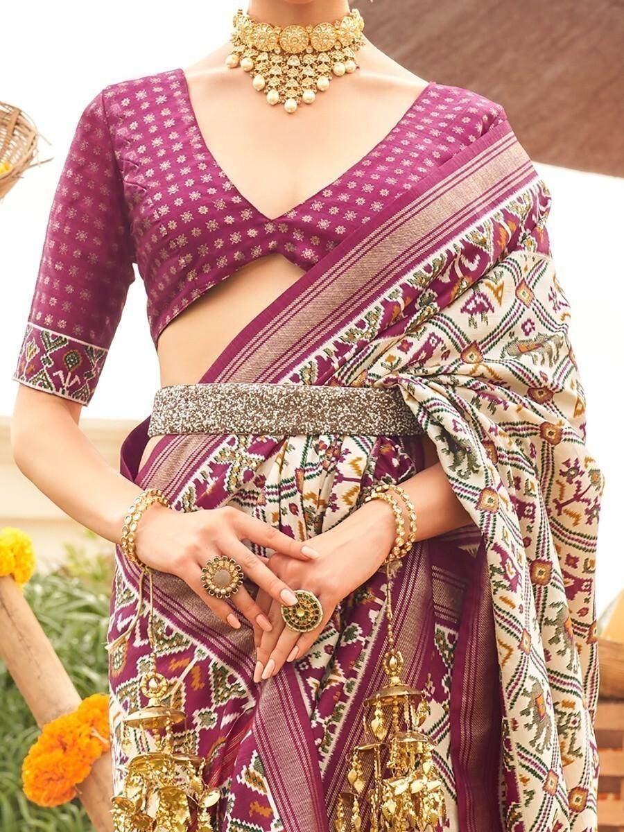 Fabulous Cream & Purple Patola Printed Silk Wedding Wear Saree - Zeel Clothing