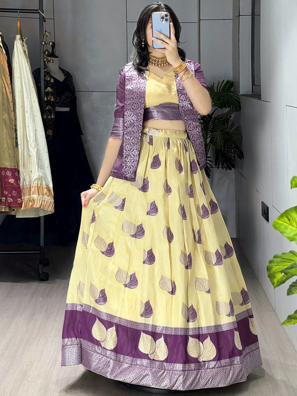 Fabulous Cream Zari Weaving Jacquard Silk Evening Wear Lehenga Choli With Jacket