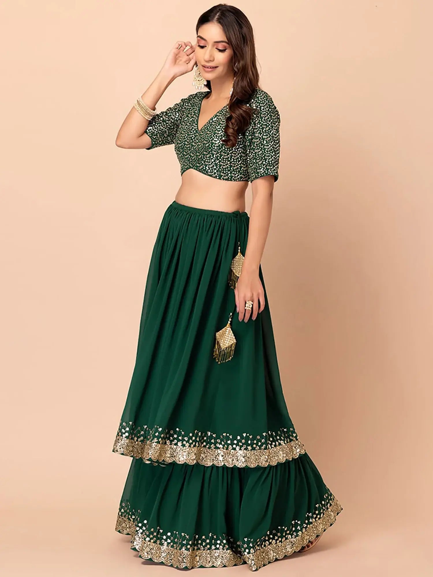 Fabulous Dark Green Sequins Georgette Party Wear Lehenga Choli - Zeel Clothing