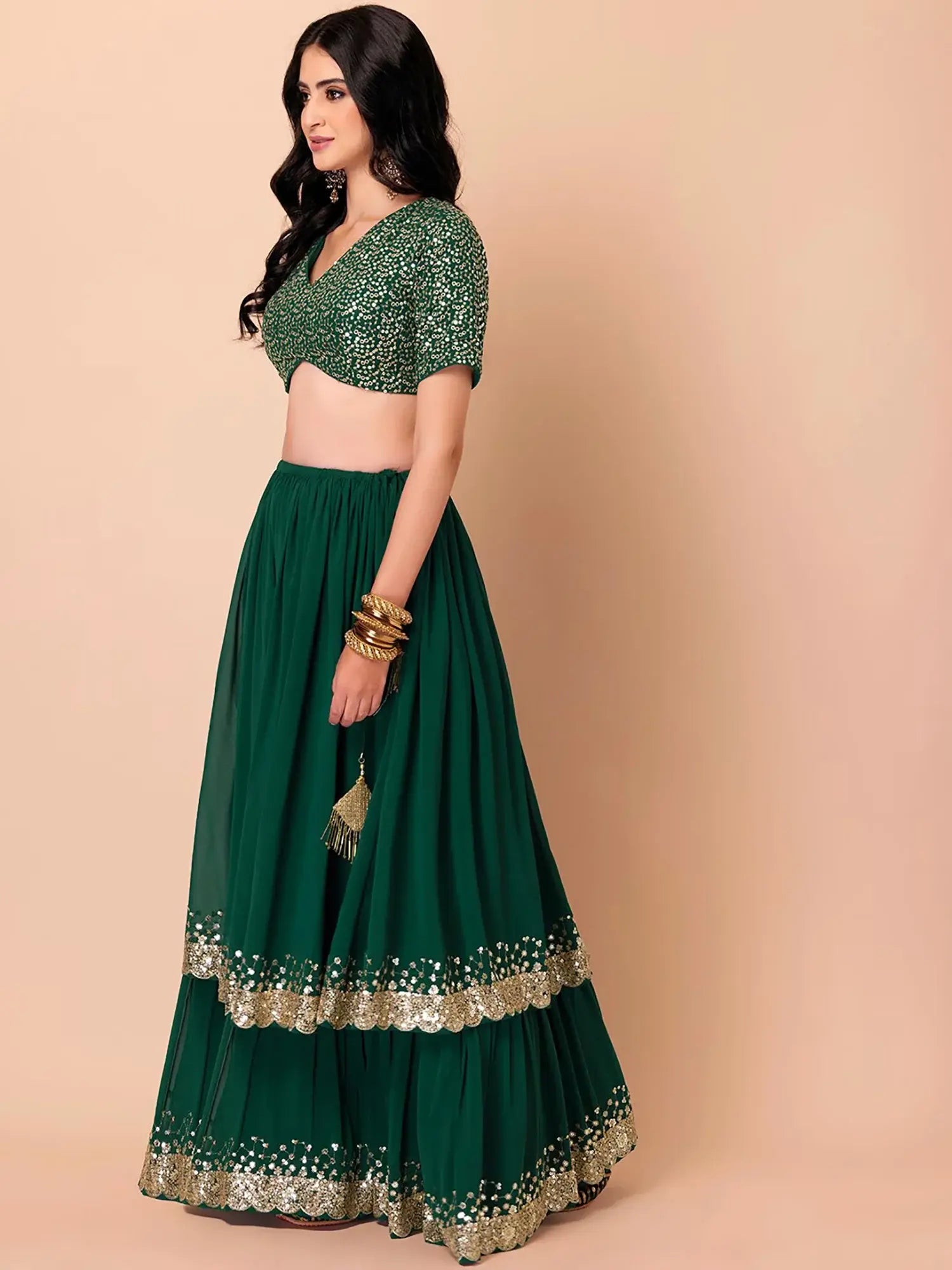 Fabulous Dark Green Sequins Georgette Party Wear Lehenga Choli - Zeel Clothing