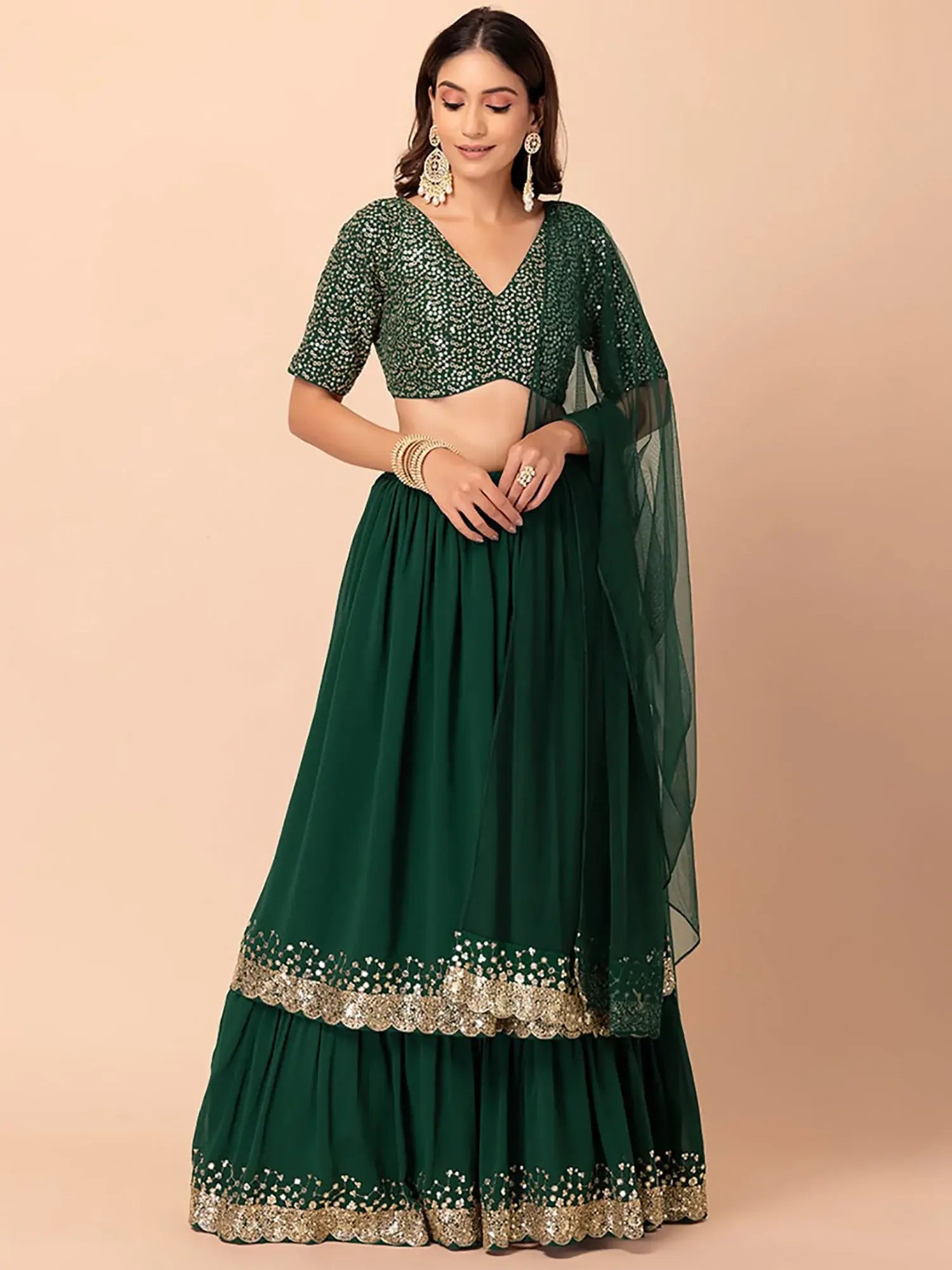 Fabulous Dark Green Sequins Georgette Party Wear Lehenga Choli - Zeel Clothing
