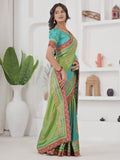 Fabulous Green Coding Embroidery Chinon Evening Wear Saree With Blouse
