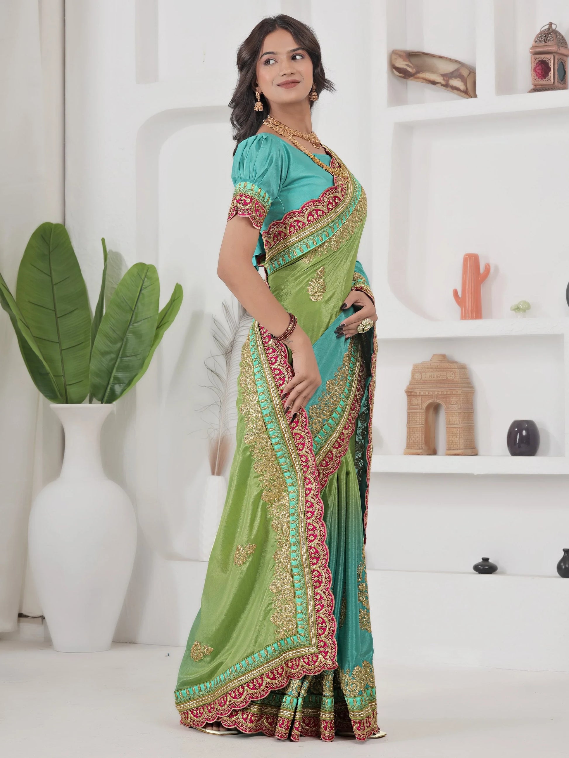 Fabulous Green Coding Embroidery Chinon Evening Wear Saree With Blouse