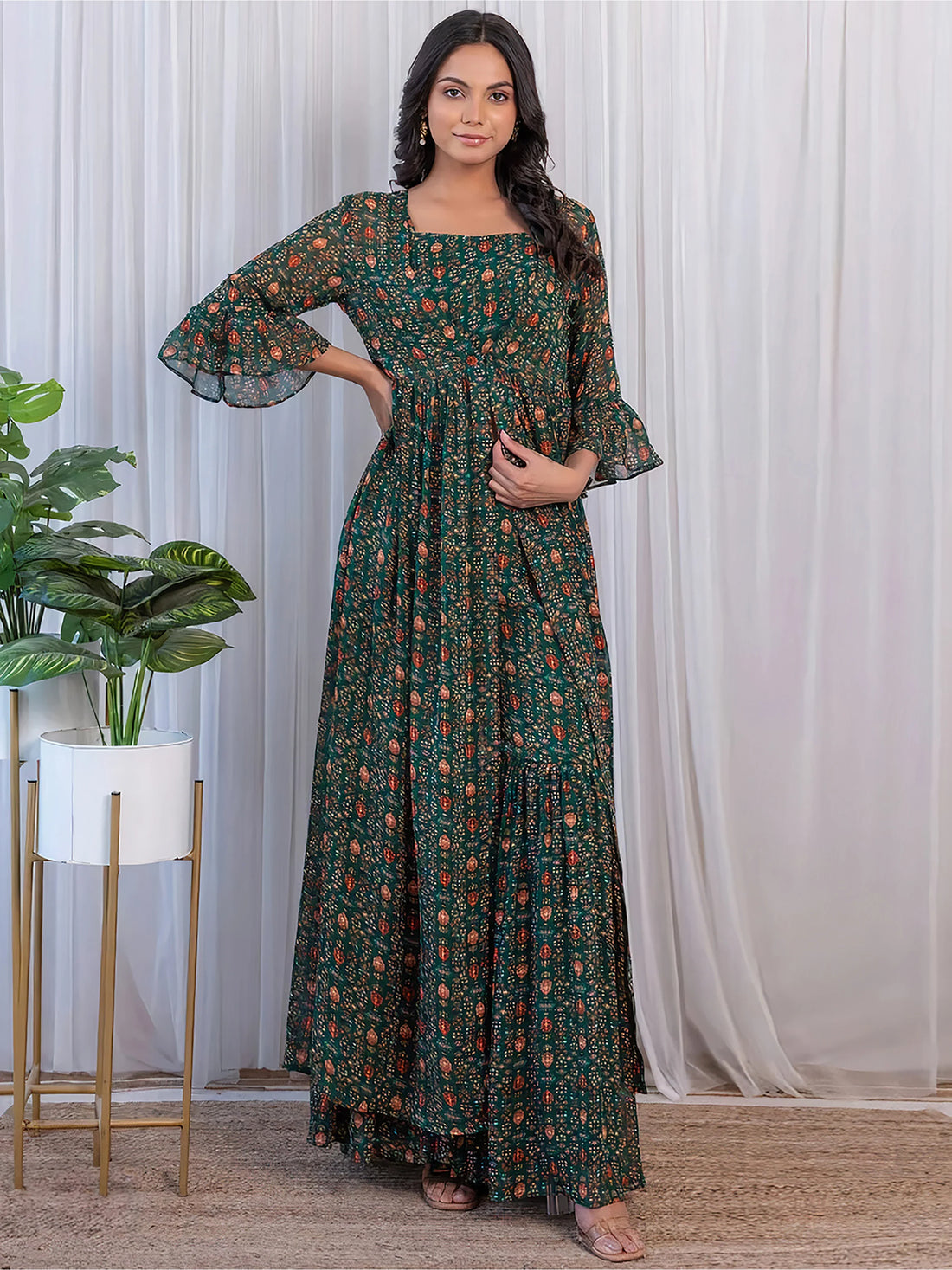 Fabulous Green Digital Printed Georgette Sharara Suit With Jacket - Zeel Clothing