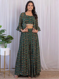 Fabulous Green Digital Printed Georgette Sharara Suit With Jacket - Zeel Clothing