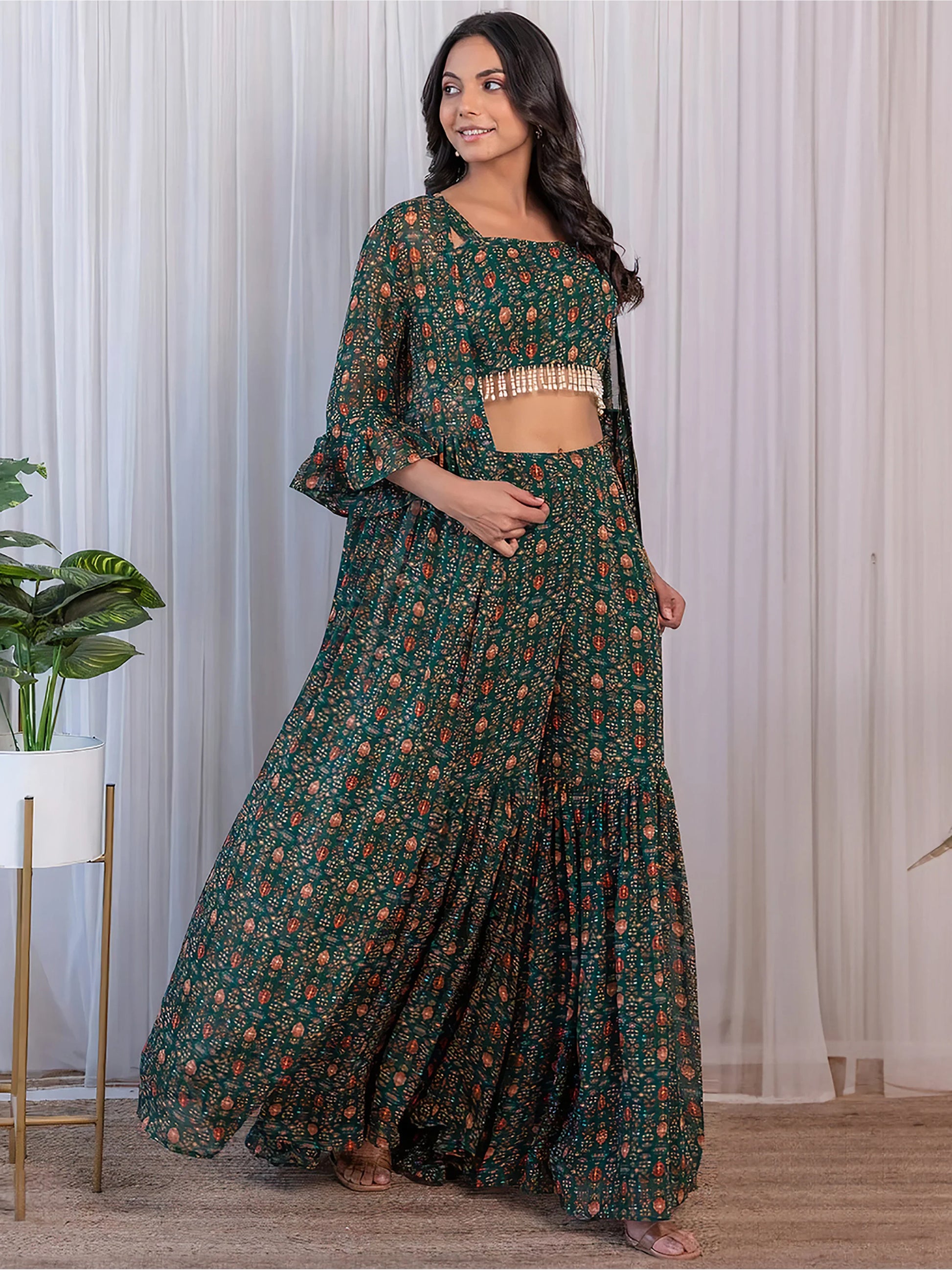 Fabulous Green Digital Printed Georgette Sharara Suit With Jacket - Zeel Clothing