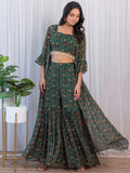 Fabulous Green Digital Printed Georgette Sharara Suit With Jacket - Zeel Clothing