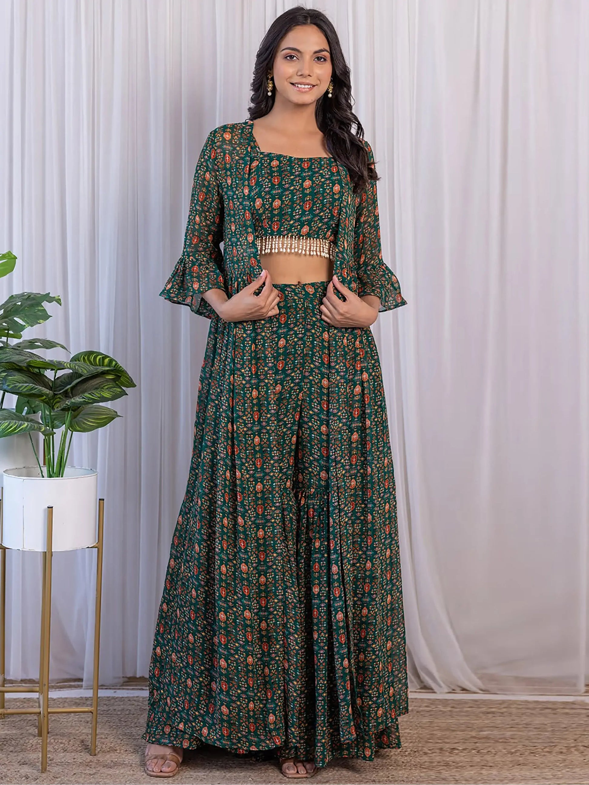 Fabulous Green Digital Printed Georgette Sharara Suit With Jacket - Zeel Clothing