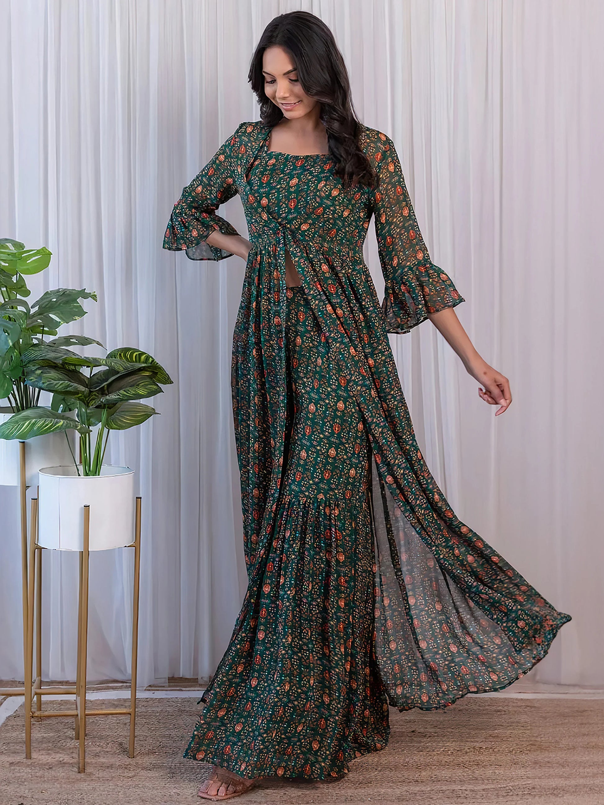 Fabulous Green Digital Printed Georgette Sharara Suit With Jacket - Zeel Clothing