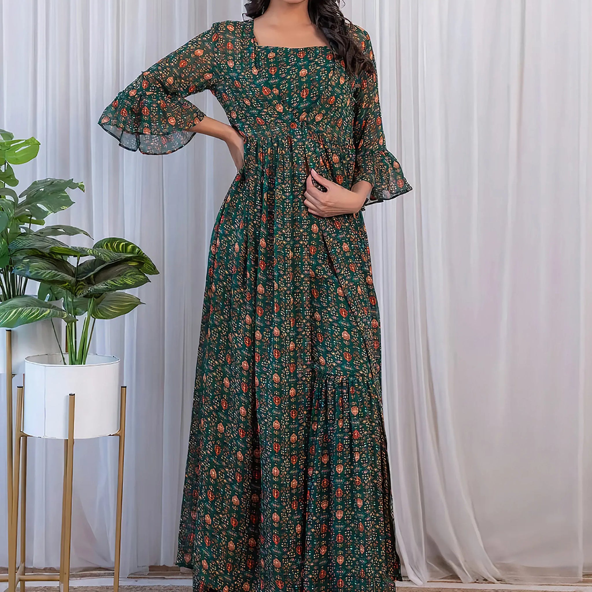 Fabulous Green Digital Printed Georgette Sharara Suit With Jacket - Zeel Clothing