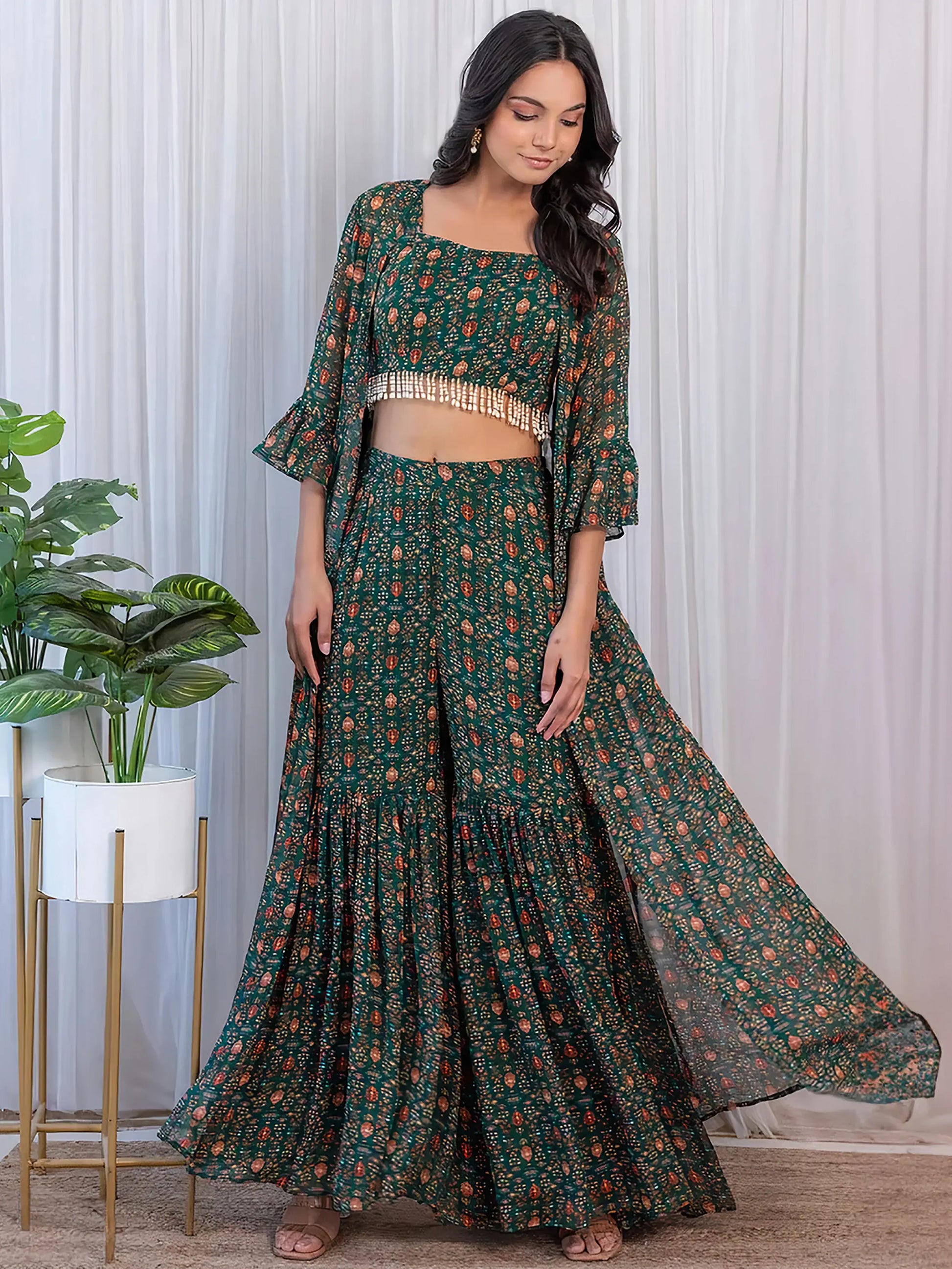 Fabulous Green Digital Printed Georgette Sharara Suit With Jacket - Zeel Clothing