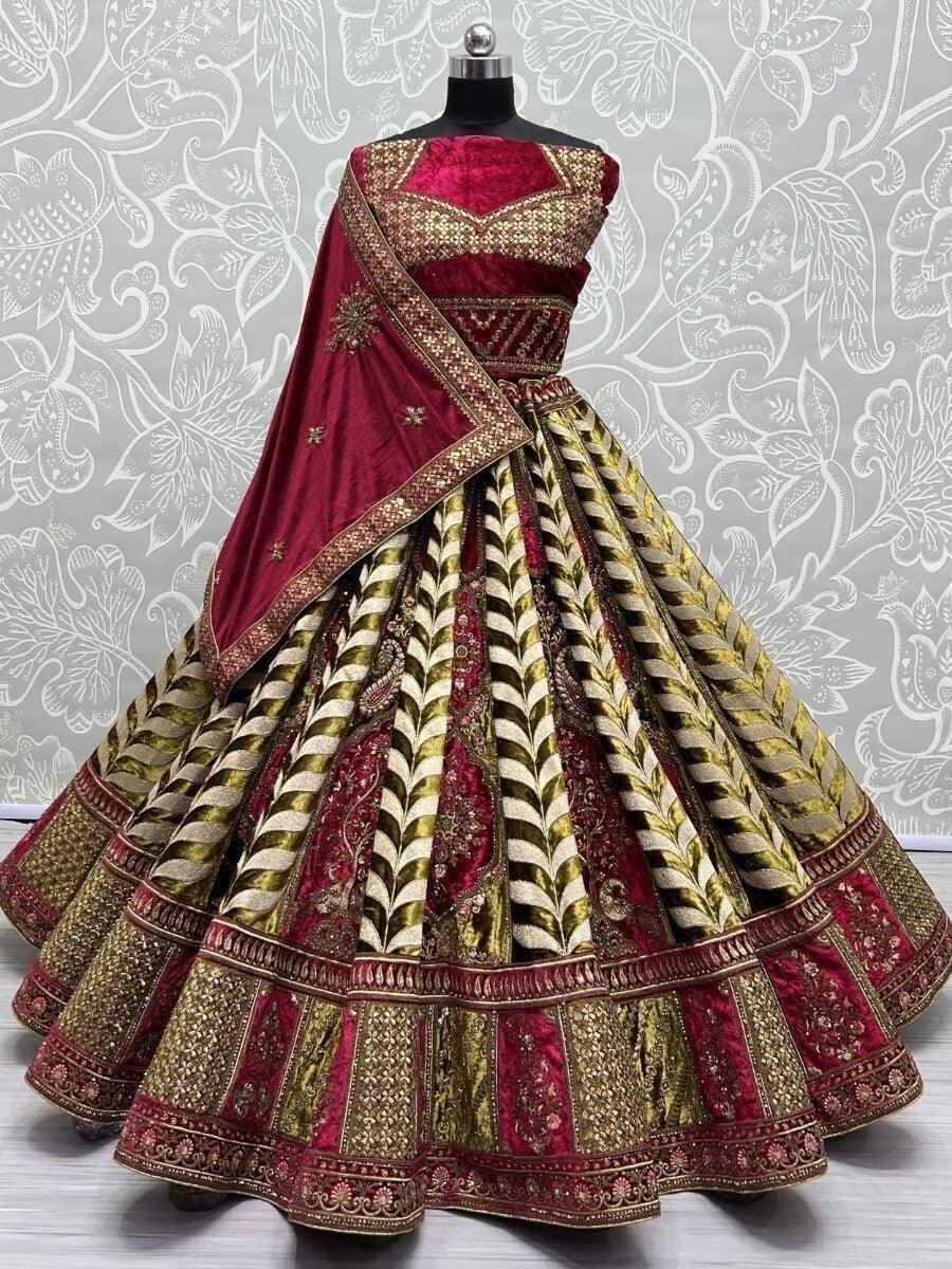 Fabulous Green Embroidered Velvet Lehenga Choli With Double Dupatta