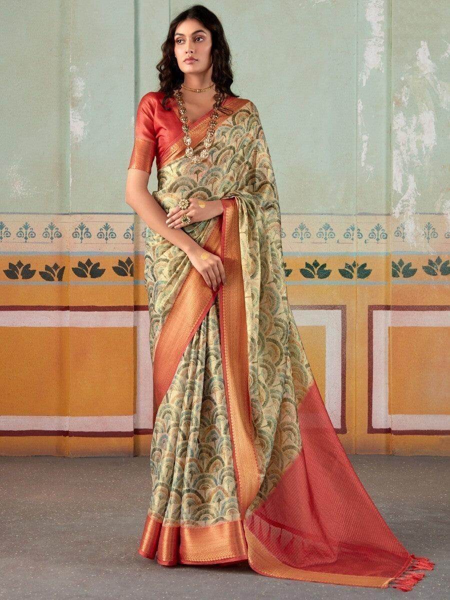 Fabulous Green Floral Printed Silk Wedding Wear Saree With Blouse - Zeel Clothing