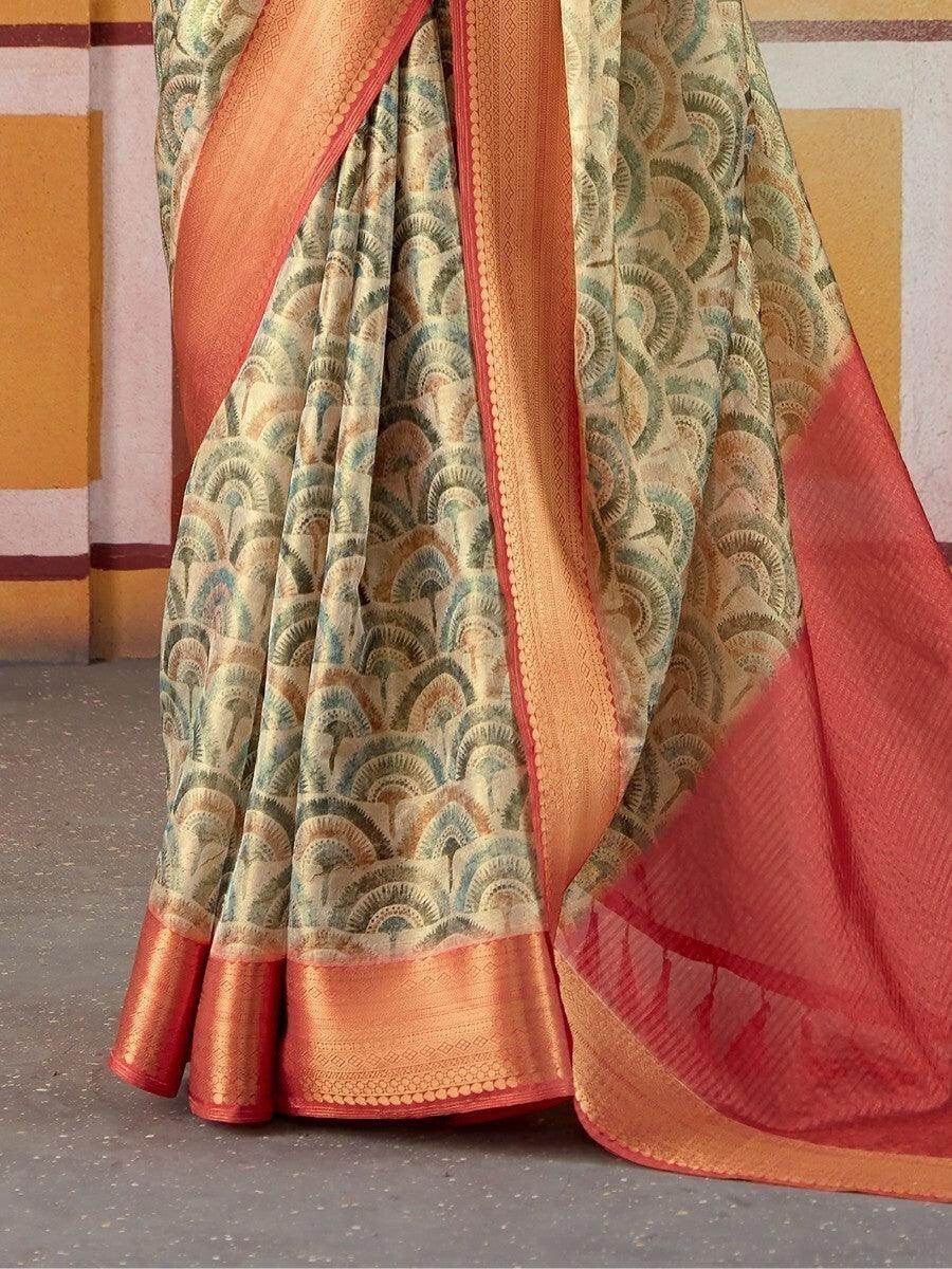 Fabulous Green Floral Printed Silk Wedding Wear Saree With Blouse - Zeel Clothing