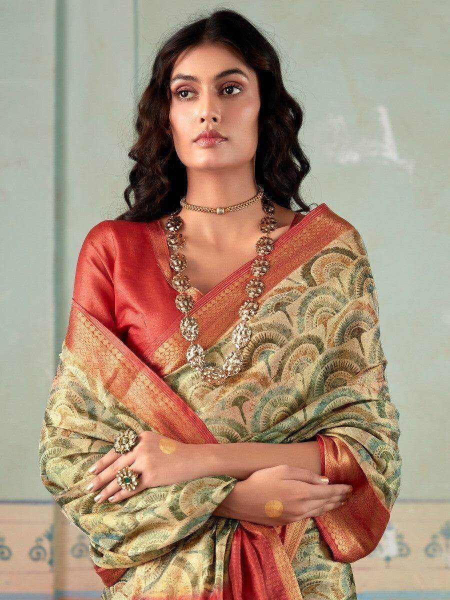 Fabulous Green Floral Printed Silk Wedding Wear Saree With Blouse - Zeel Clothing