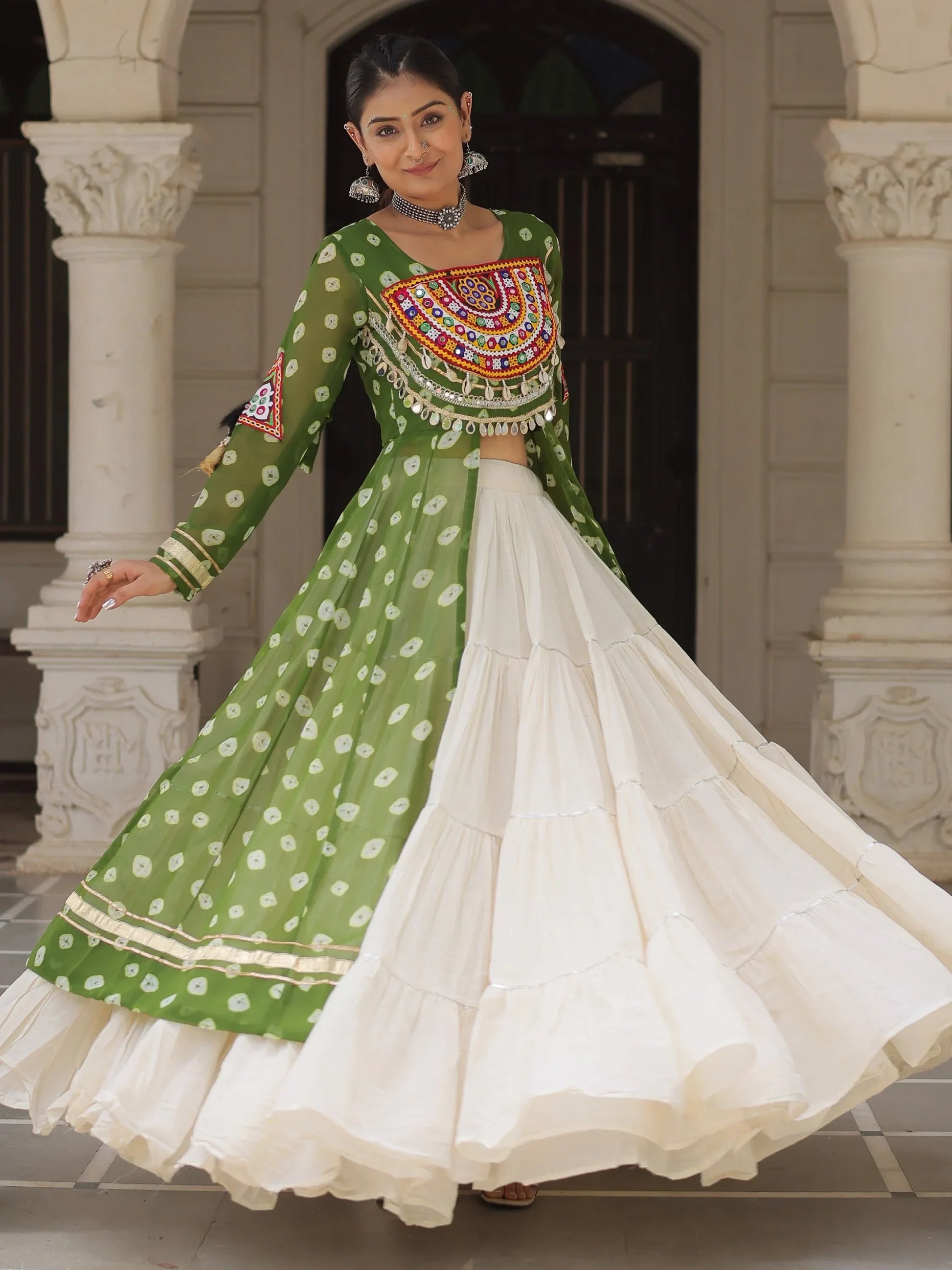 Fabulous Green Gota Patti Cotton Traditional Lehenga With Front Slit Kurti - Zeel Clothing