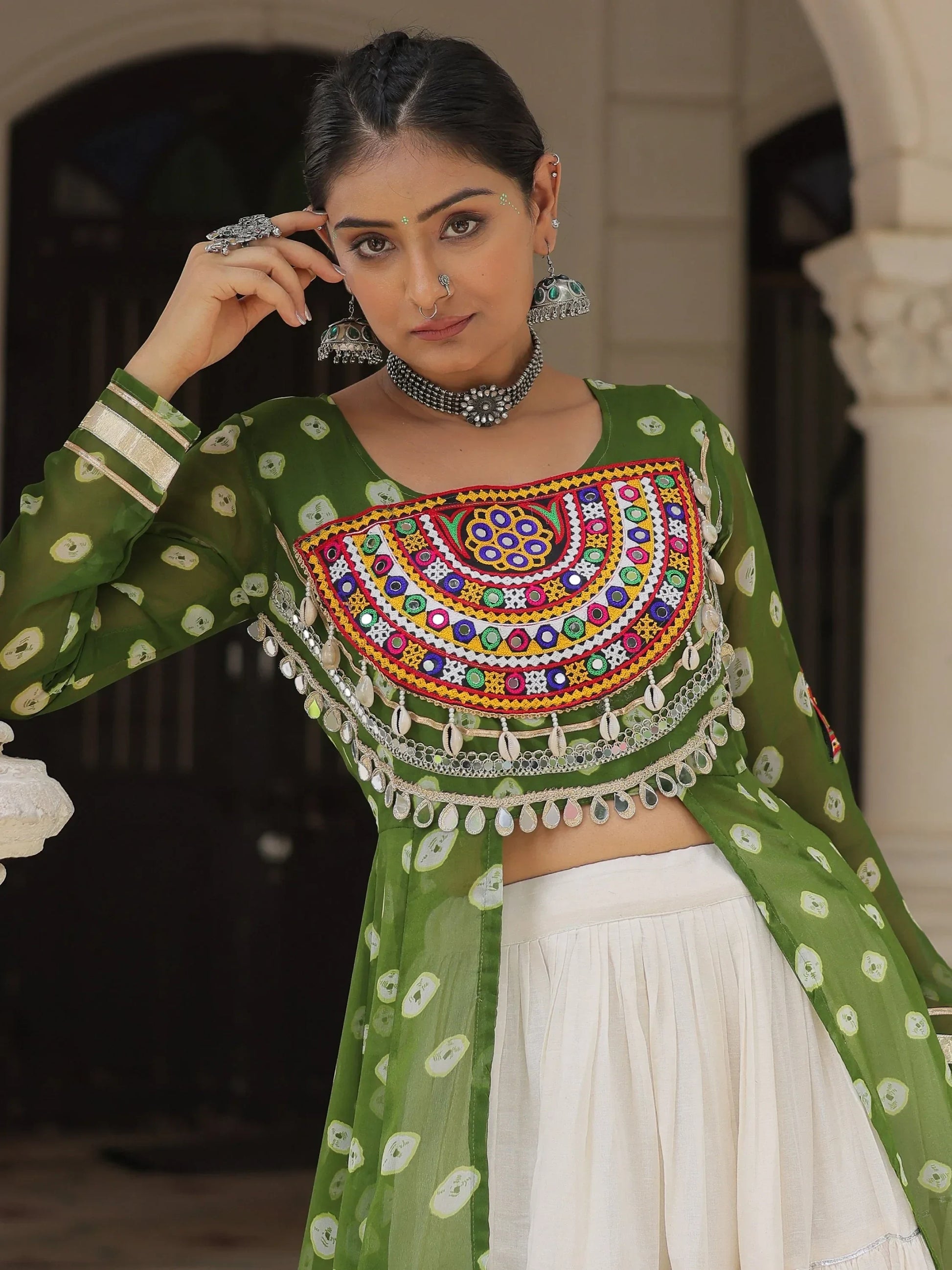 Fabulous Green Gota Patti Cotton Traditional Lehenga With Front Slit Kurti - Zeel Clothing