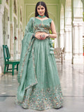 Fabulous Green Sequins Work Crushed Reception Wear Lehenga With Blouse