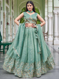 Fabulous Green Sequins Work Crushed Reception Wear Lehenga With Blouse