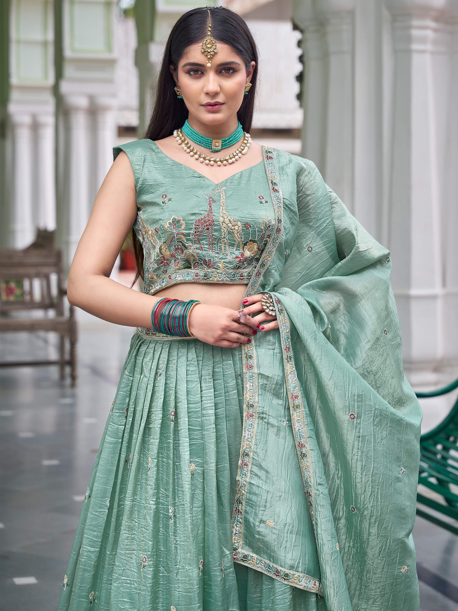 Fabulous Green Sequins Work Crushed Reception Wear Lehenga With Blouse