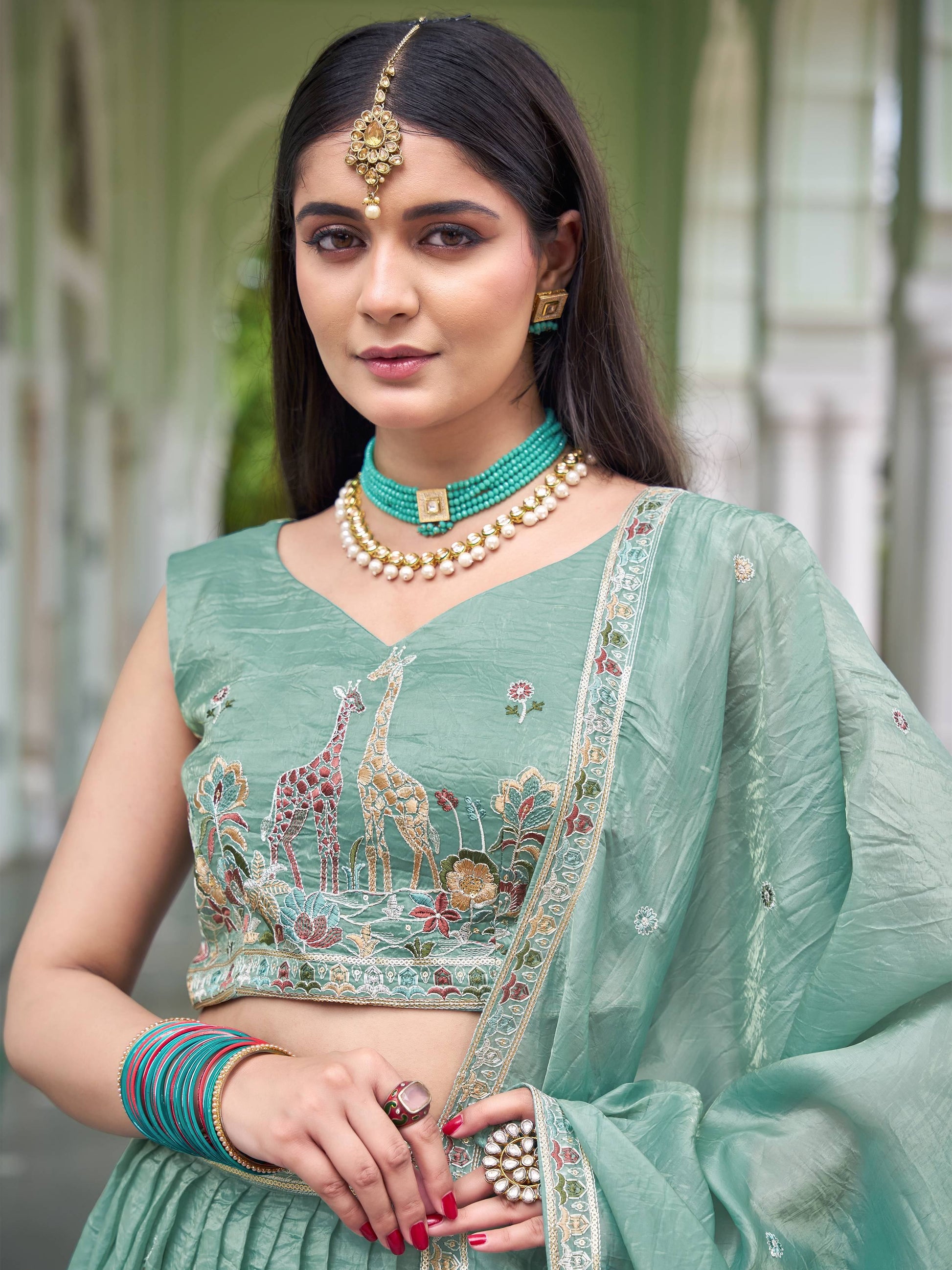 Fabulous Green Sequins Work Crushed Reception Wear Lehenga With Blouse