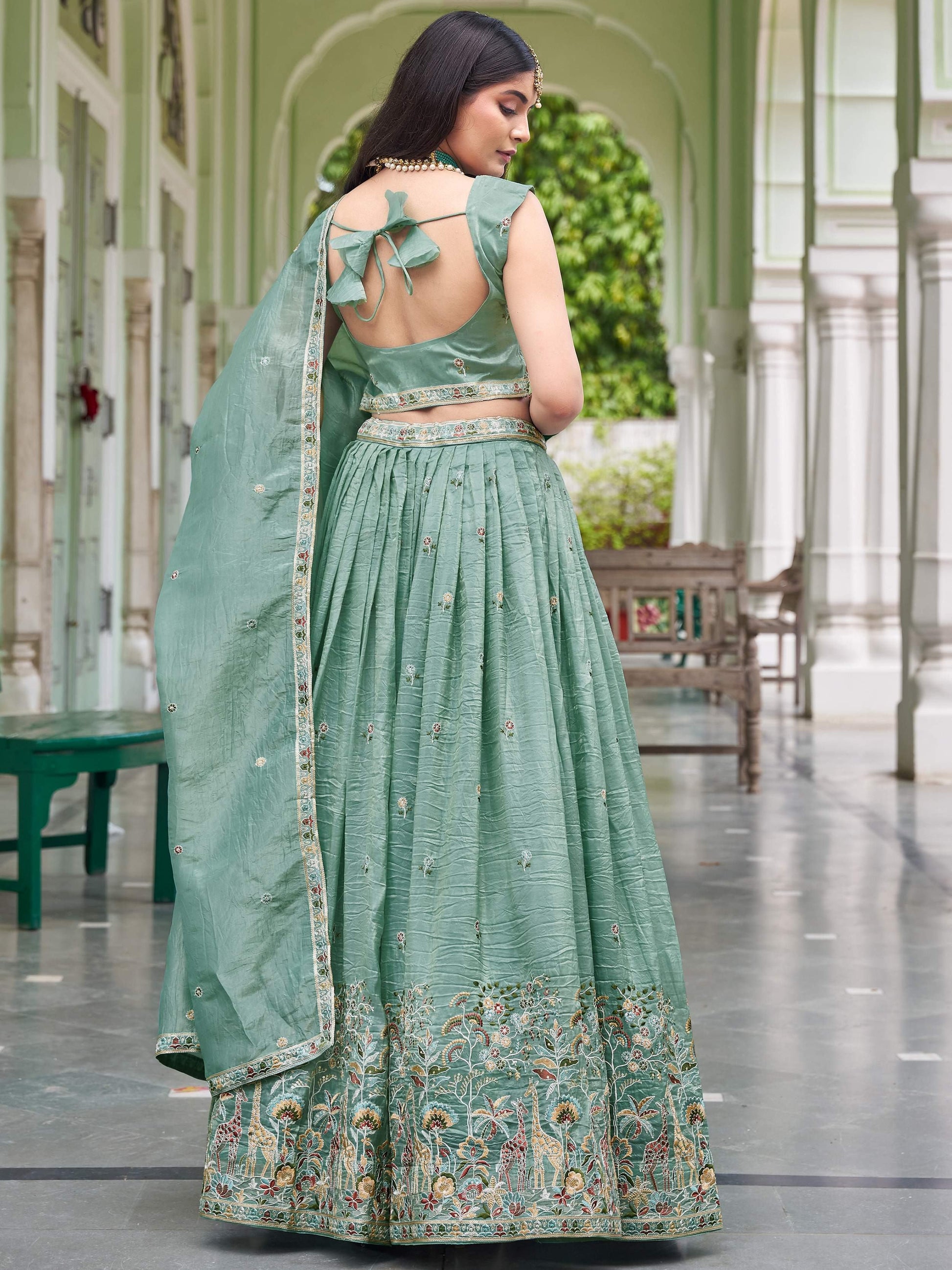 Fabulous Green Sequins Work Crushed Reception Wear Lehenga With Blouse