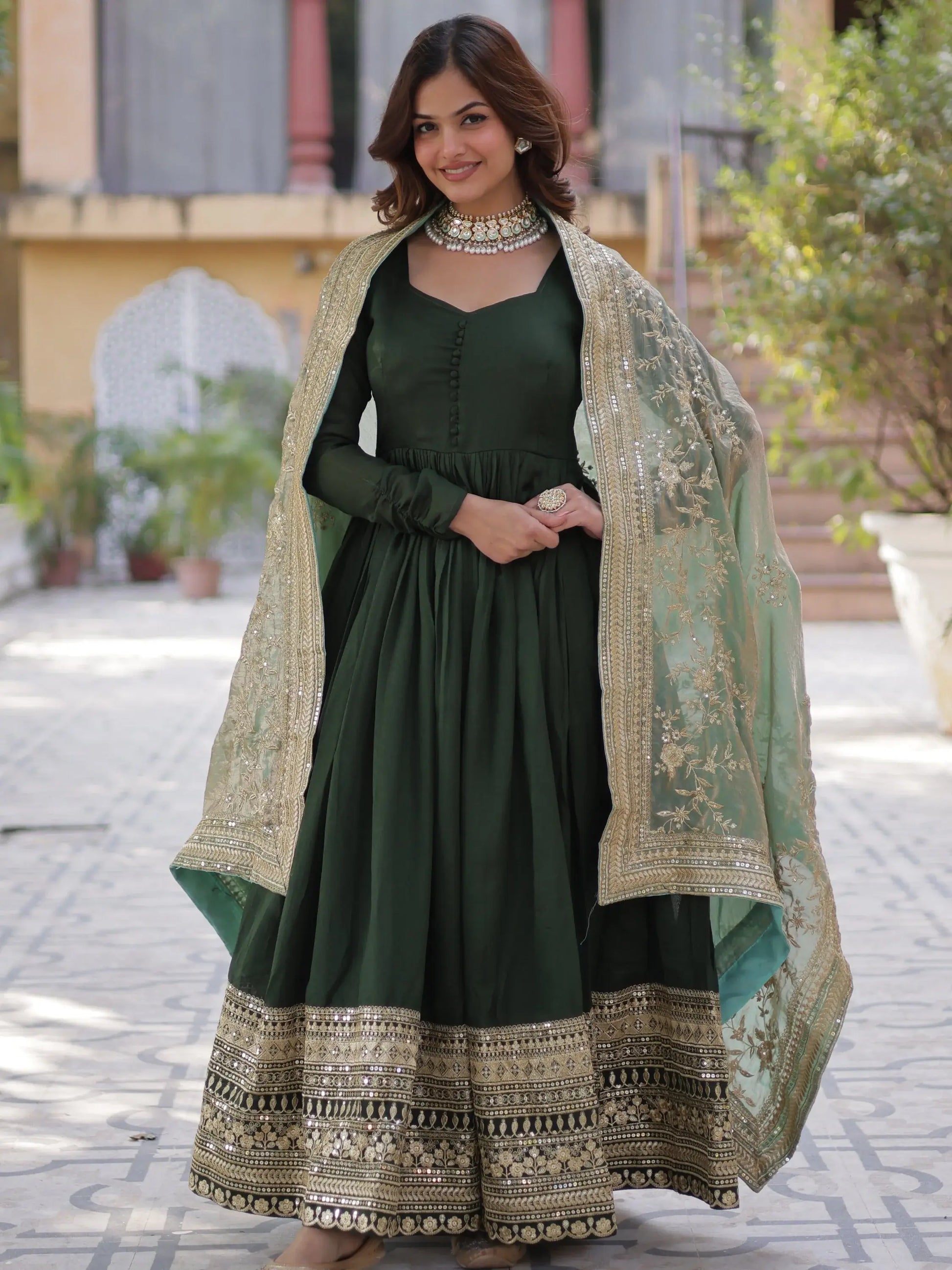 Fabulous Green Zari Work Vichitra Silk Festive Wear Gown With Dupatta - Zeel Clothing