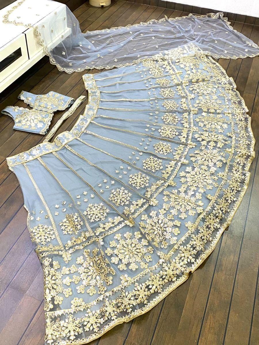 Fabulous Grey Embroidered Net Wedding Wear Lehenga Choli With Dupatta