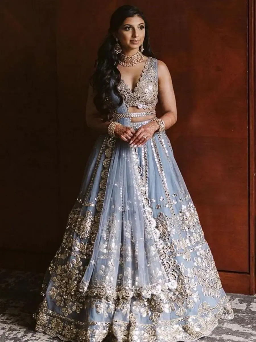 Fabulous Grey Embroidered Net Wedding Wear Lehenga Choli With Dupatta - Zeel Clothing