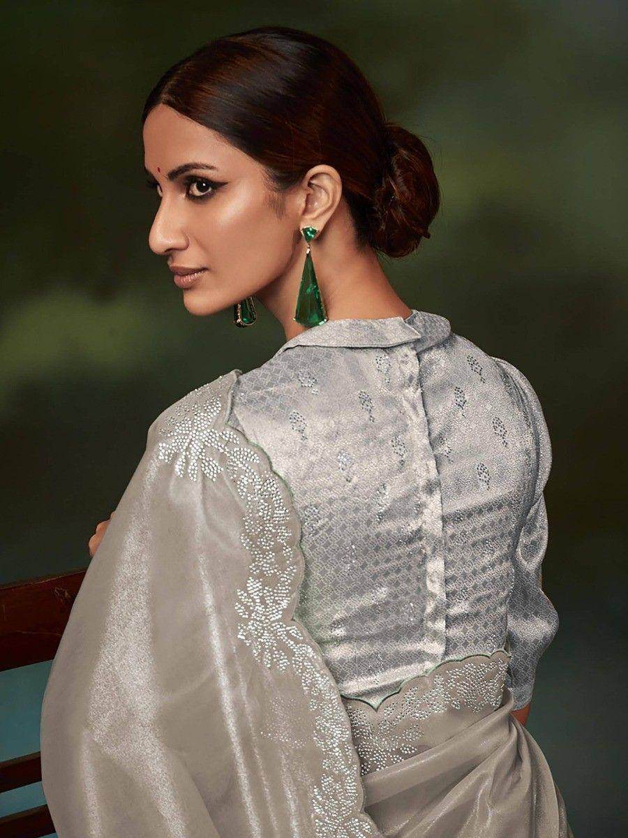 Fabulous Grey Stone Work Silk Festival Wear Saree With Blouse - Zeel Clothing