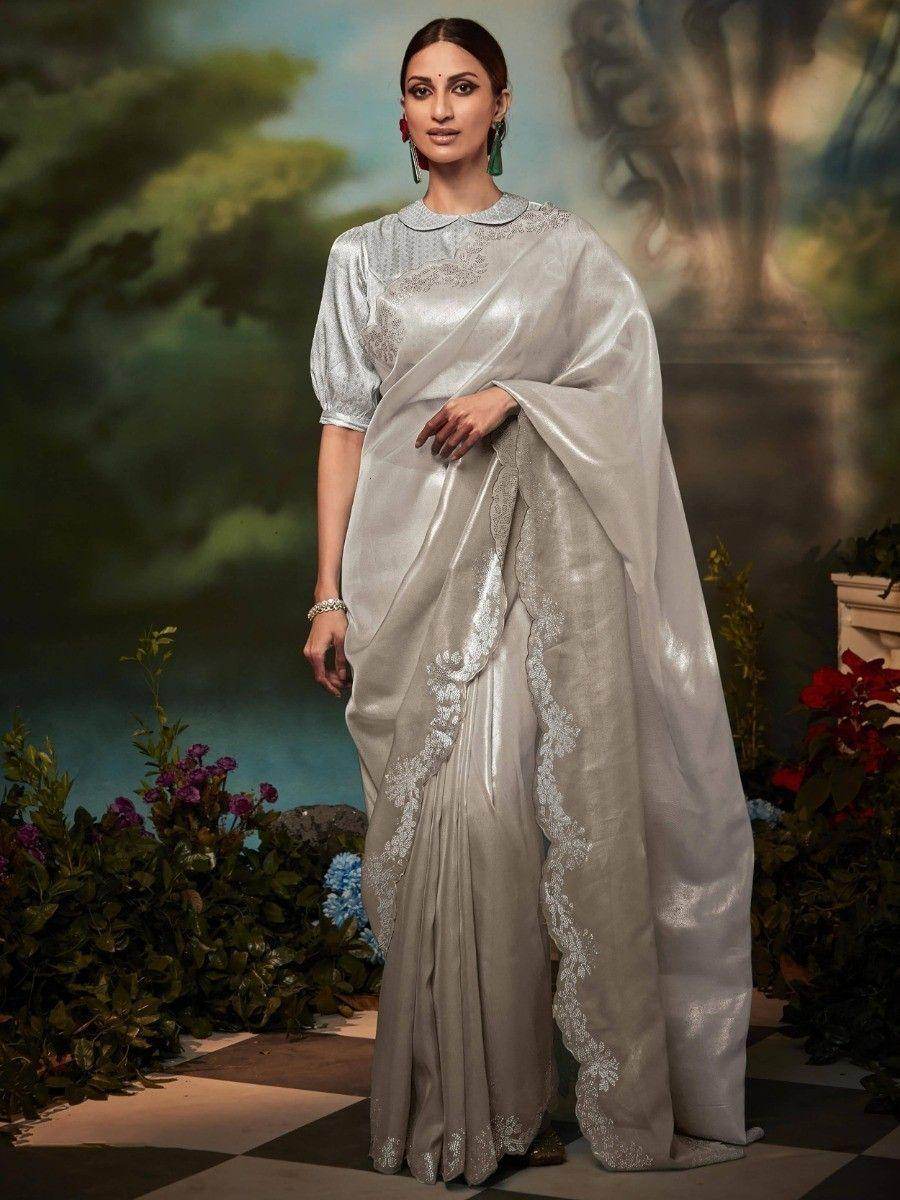 Fabulous Grey Stone Work Silk Festival Wear Saree With Blouse - Zeel Clothing