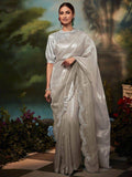 Fabulous Grey Stone Work Silk Festival Wear Saree With Blouse - Zeel Clothing