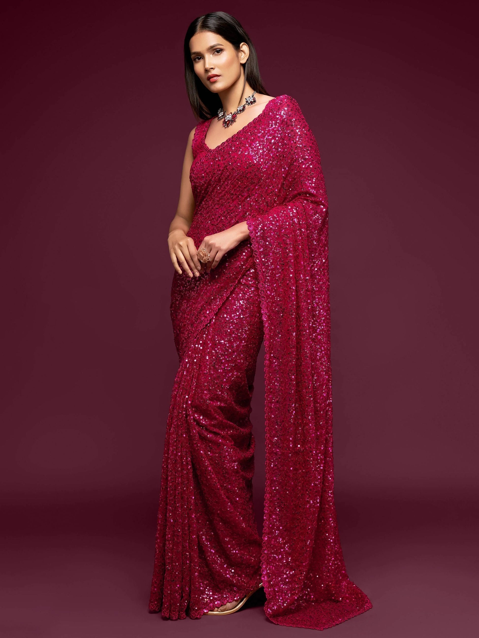 Fabulous Hot Pink Sequined Georgette Party Wear Saree - Zeel Clothing